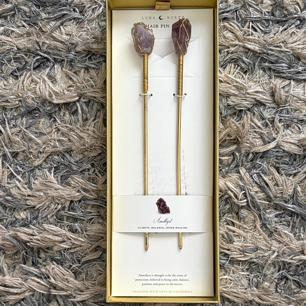 New Amethyst Hair Pin Set, Gold Hardware for Clarity, Balance & Inner Healing - Picture 1 of 7